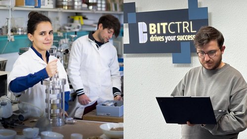 Bild links: Frau in weißem Kittel im Labor. Bild rechts: Mann mit Laptop im Arm im Büro.